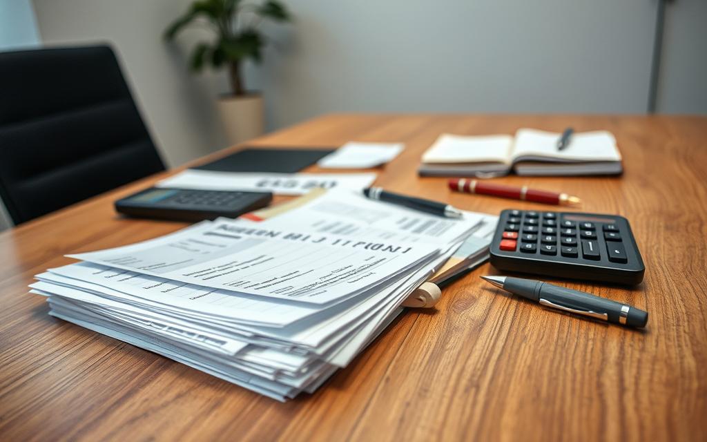 A Crisp, Well-Lit Close-Up Scene Depicting The Organized Management Of Personal Expenses And Compensation Documents On A Wooden Desk. In The Foreground, A Stack Of Receipts, Invoices, And Medical Bills Are Neatly Arranged. In The Middle Ground, A Calculator, A Pen, And A Notebook With Handwritten Notes Create A Sense Of Diligent Record-Keeping. The Background Features A Modern, Minimalist Office Setting With Clean Lines And Subtle Lighting, Conveying A Professional, Goal-Oriented Atmosphere. The Overall Composition And Attention To Detail Should Visually Communicate The Careful Planning And Precision Required For Managing Expenses And Pursuing Compensation In A Personal Injury Case.