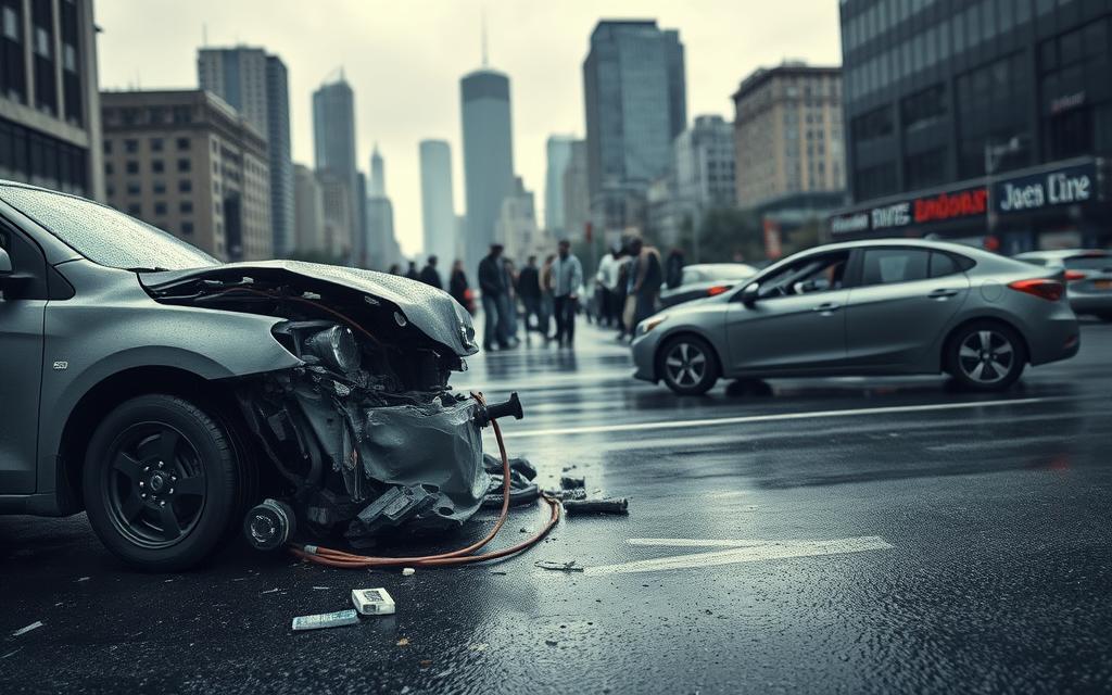 A High-Angle, Wide-Angle Shot Of A Car Accident Scene On A Rainy Urban Street. In The Foreground, The Crumpled Remains Of Two Colliding Vehicles, Glass And Debris Scattered Across The Asphalt. In The Middle Ground, A Group Of Concerned Onlookers And Emergency Responders Assessing The Situation. In The Background, A Blurred Cityscape With Towering Skyscrapers, Muted Under An Overcast Sky. Moody, Dramatic Lighting Casts Long Shadows, Heightening The Sense Of Tension And Urgency. The Overall Atmosphere Evokes The Complex Factors Involved In Car Accident Settlement Negotiations. A High-Angle, Wide-Angle Shot Of A Car Accident Scene On A Rainy Urban Street. In The Foreground, The Crumpled Remains Of Two Colliding Vehicles, Glass And Debris Scattered Across The Asphalt. In The Middle Ground, A Group Of Concerned Onlookers And Emergency Responders Assessing The Situation. In The Background, A Blurred Cityscape With Towering Skyscrapers, Muted Under An Overcast Sky. Moody, Dramatic Lighting Casts Long Shadows, Heightening The Sense Of Tension And Urgency. The Overall Atmosphere Evokes The Complex Factors Involved In Car Accident Settlement Negotiations.