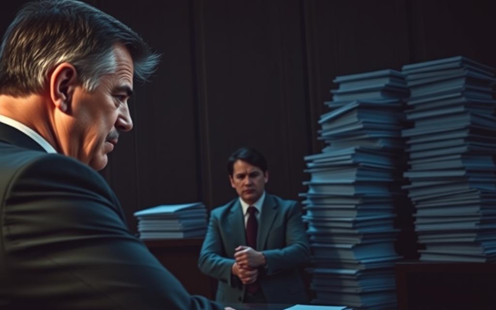 A Tense Legal Battle Unfolds In A Dimly Lit Courtroom. The Foreground Features A Lawyer, Their Face Etched With Worry, As They Argue Passionately Before A Stern-Faced Judge. The Middle Ground Depicts A Worried Client, Their Hands Clasped Tightly, Uncertain Of The Outcome. In The Background, Towering Stacks Of Legal Documents Cast Long Shadows, Symbolizing The Overwhelming Challenges Of Navigating The Legal System Without The Support Of Insurance. The Scene Is Bathed In A Somber, Blue-Tinted Lighting, Creating A Foreboding Atmosphere Of Uncertainty And The Weight Of Personal Responsibility. A Wide-Angle Lens Captures The Gravity Of The Situation, Emphasizing The Isolated Struggle Of The Client Against The Imposing Authority Of The Court.