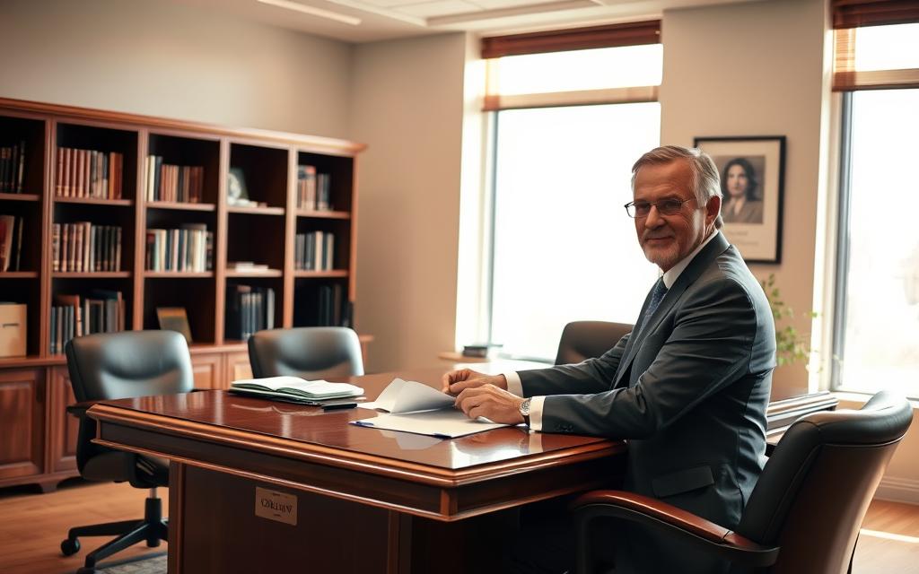 An Office Interior With A Prominent Desk, A Bookshelf, And A Few Chairs. A Middle-Aged Person In A Suit, Presumably A Personal Injury Attorney, Sits At The Desk, Reviewing Documents. Warm, Natural Lighting Filters Through Large Windows, Creating A Professional And Approachable Atmosphere. The Room Exudes An Air Of Expertise And Trustworthiness, Embodying The Role Of A Personal Injury Attorney Who Can Guide Individuals Through The Complexities Of A Case Without Insurance.