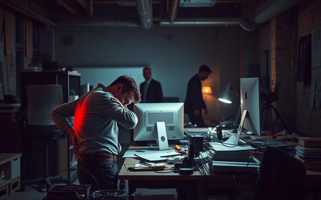 A Dimly Lit, Industrial-Style Office Setting. In The Foreground, A Worker Slumped Over A Desk, Clutching Their Lower Back In Pain. Surrounding Them, A Tangle Of Cables, Papers, And Office Supplies, Conveying A Sense Of Disarray And Stress. The Middle Ground Features An Ergonomic Chair, A Computer Monitor, And A Partially Obscured Coworker, All Suggesting The Mundane Routine Of A Typical Workplace. In The Background, Shadowy Figures Move Through The Space, Their Expressions Suggesting Concern Or Distraction. The Lighting Is Moody, With A Mix Of Warm And Cool Tones, Creating A Sense Of Tension And Unease. The Overall Atmosphere Is One Of Discomfort, Injury, And The Impact Of Physical Strain In A Stressful Work Environment. A Dimly Lit, Industrial-Style Office Setting. In The Foreground, A Worker Slumped Over A Desk, Clutching Their Lower Back In Pain. Surrounding Them, A Tangle Of Cables, Papers, And Office Supplies, Conveying A Sense Of Disarray And Stress. The Middle Ground Features An Ergonomic Chair, A Computer Monitor, And A Partially Obscured Coworker, All Suggesting The Mundane Routine Of A Typical Workplace. In The Background, Shadowy Figures Move Through The Space, Their Expressions Suggesting Concern Or Distraction. The Lighting Is Moody, With A Mix Of Warm And Cool Tones, Creating A Sense Of Tension And Unease. The Overall Atmosphere Is One Of Discomfort, Injury, And The Impact Of Physical Strain In A Stressful Work Environment.