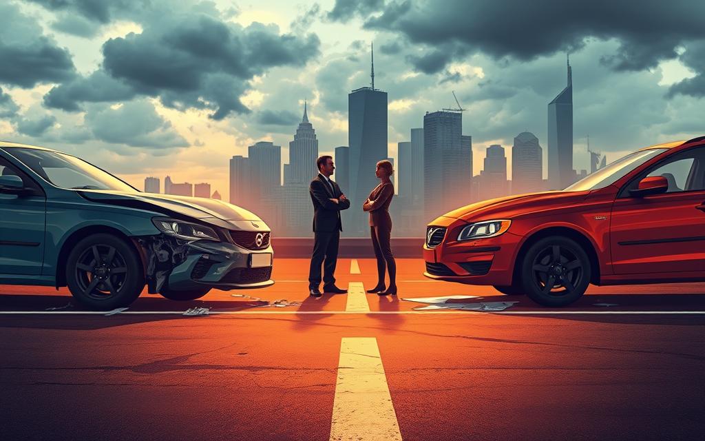A High-Contrast, Realistic Illustration Depicting The Concept Of Comparative Negligence Laws In A Car Accident Scenario. The Foreground Shows Two Damaged Vehicles At An Intersection, With Shattered Glass And Skid Marks On The Pavement. In The Middle Ground, Two Figures Representing The Involved Parties Stand, Engaged In Discussion. The Background Features A Cityscape With Towering Buildings And A Cloudy, Dramatic Sky, Conveying A Sense Of Gravity And Legal Complexity. The Scene Is Illuminated By Warm, Directional Lighting That Casts Dramatic Shadows, Emphasizing The Tensions And Uncertainties Of The Situation. The Overall Mood Is One Of Technical Precision, Legal Nuance, And The High Stakes Involved In Determining Fault And Liability.