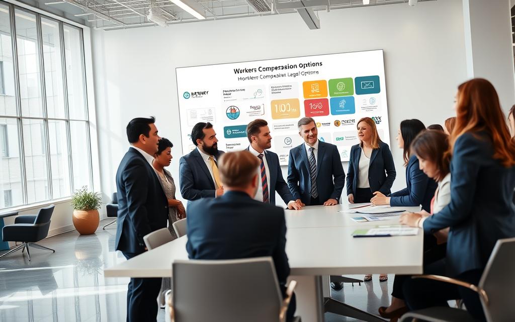 A Modern, Airy Office Space With Floor-To-Ceiling Windows Flooding The Room With Natural Light. In The Foreground, A Team Of Diverse Professionals - Men And Women In Business Attire - Gathered Around A Conference Table, Engaged In A Lively Discussion. On The Wall Behind Them, A Large Display Shows A Visual Representation Of Workers' Compensation Legal Options, With Icons And Infographics Conveying The Key Information. The Mood Is One Of Collaboration, Problem-Solving, And A Sense Of Purpose, As The Legal Team Works To Protect The Rights And Interests Of Their Clients Who Have Suffered Workplace Injuries. A Modern, Airy Office Space With Floor-To-Ceiling Windows Flooding The Room With Natural Light. In The Foreground, A Team Of Diverse Professionals - Men And Women In Business Attire - Gathered Around A Conference Table, Engaged In A Lively Discussion. On The Wall Behind Them, A Large Display Shows A Visual Representation Of Workers' Compensation Legal Options, With Icons And Infographics Conveying The Key Information. The Mood Is One Of Collaboration, Problem-Solving, And A Sense Of Purpose, As The Legal Team Works To Protect The Rights And Interests Of Their Clients Who Have Suffered Workplace Injuries.