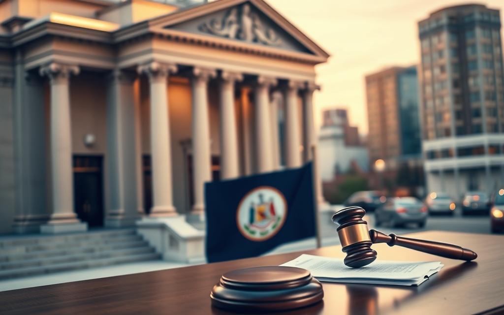 A Modern Courthouse Facade, With Grand Columns And Ornate Architectural Details, Stands In The Foreground. In The Middle Ground, A Desk With A Gavel, Papers, And A Virginia State Flag Conveys The Legal Setting. The Background Features A Soft Blur Of City Skyline, Hinting At The Broader Context Of The Virginia Legal System. The Lighting Is Warm And Inviting, Creating A Sense Of Professionalism And Authority. The Overall Mood Is One Of Reliable, Trustworthy Legal Services.