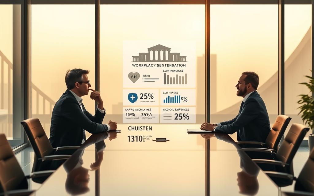 A Peaceful Settlement Negotiation Scene In A Modern Office Setting. In The Foreground, Two Business Professionals Sit Across A Polished Conference Table, Engaged In A Discussion. Soft Natural Lighting From Large Windows Casts A Warm Glow, Creating An Atmosphere Of Thoughtful Collaboration. In The Middle Ground, Stylized Infographic Displays Highlight Key Settlement Considerations Such As Damages, Lost Wages, And Medical Expenses. The Background Features Abstract Architectural Elements, Suggesting The Legal And Financial Complexities Of Workplace Injury Compensation. A Peaceful Settlement Negotiation Scene In A Modern Office Setting. In The Foreground, Two Business Professionals Sit Across A Polished Conference Table, Engaged In A Discussion. Soft Natural Lighting From Large Windows Casts A Warm Glow, Creating An Atmosphere Of Thoughtful Collaboration. In The Middle Ground, Stylized Infographic Displays Highlight Key Settlement Considerations Such As Damages, Lost Wages, And Medical Expenses. The Background Features Abstract Architectural Elements, Suggesting The Legal And Financial Complexities Of Workplace Injury Compensation.