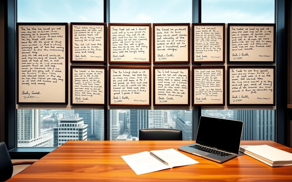 A Well-Lit Modern Office Interior With Large Windows Overlooking A City Skyline. On The Wall, A Framed Gallery Of Carefully Curated Client Testimonials, Each Describing The Successful Legal Outcome And The Law Firm'S Professionalism. The Testimonials Are Handwritten, Conveying A Personal And Authentic Touch. In The Foreground, A Sturdy Wooden Desk, A Laptop, And A Few Carefully Placed Legal Documents, Suggesting An Active, Thriving Practice. The Overall Atmosphere Is One Of Trust, Credibility, And A Track Record Of Legal Excellence.