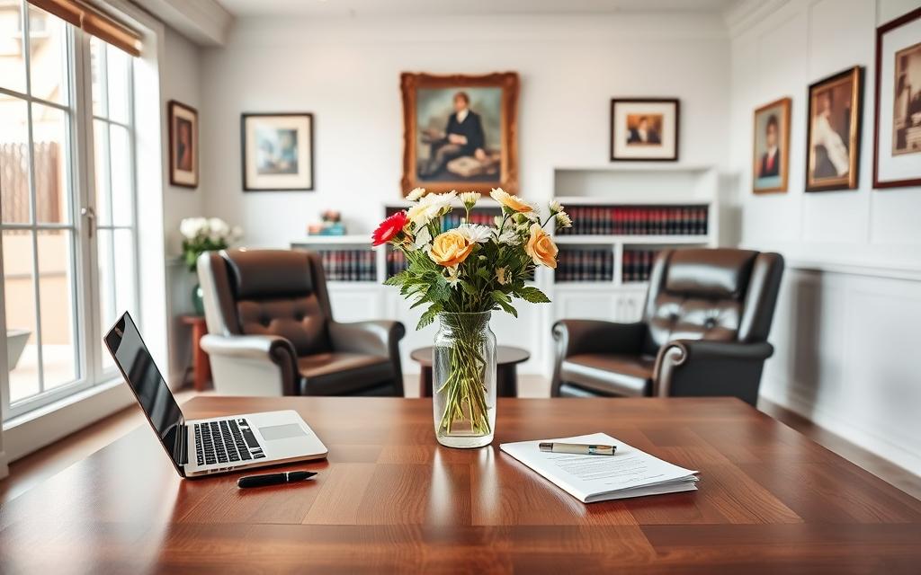A Bright, Modern Law Office Interior With Large Windows Letting In Natural Light. In The Foreground, A Wooden Desk With A Laptop, Pen, And A Stack Of Documents. On The Desk, An Elegant Glass Vase Holds Fresh Flowers. Behind The Desk, Two Comfortable Leather Chairs Face Each Other, Creating An Inviting Consultation Space. The Walls Are Adorned With Tasteful Artwork And Shelves Of Law Books. The Overall Atmosphere Conveys Professionalism, Expertise, And A Welcoming Environment For A Free Legal Consultation. A Bright, Modern Law Office Interior With Large Windows Letting In Natural Light. In The Foreground, A Wooden Desk With A Laptop, Pen, And A Stack Of Documents. On The Desk, An Elegant Glass Vase Holds Fresh Flowers. Behind The Desk, Two Comfortable Leather Chairs Face Each Other, Creating An Inviting Consultation Space. The Walls Are Adorned With Tasteful Artwork And Shelves Of Law Books. The Overall Atmosphere Conveys Professionalism, Expertise, And A Welcoming Environment For A Free Legal Consultation.