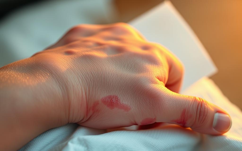 A Close-Up View Of A Hand Slowly Healing From A Severe Burn Injury. The Skin Is Pinkish-Red, With New Tissue Forming And The Edges Of The Wound Gradually Closing. The Hand Is Resting On A Soft, Clean Bandage, With Faint Scars Visible Beneath The Surface. Warm, Gentle Lighting Casts A Soothing Glow, Conveying A Sense Of The Recovery Process And The Gradual Restoration Of Functionality. The Background Is Blurred, Allowing The Focus To Remain On The Healing Hand, Symbolizing The Personal Journey Of Burn Injury Recovery. A Close-Up View Of A Hand Slowly Healing From A Severe Burn Injury. The Skin Is Pinkish-Red, With New Tissue Forming And The Edges Of The Wound Gradually Closing. The Hand Is Resting On A Soft, Clean Bandage, With Faint Scars Visible Beneath The Surface. Warm, Gentle Lighting Casts A Soothing Glow, Conveying A Sense Of The Recovery Process And The Gradual Restoration Of Functionality. The Background Is Blurred, Allowing The Focus To Remain On The Healing Hand, Symbolizing The Personal Journey Of Burn Injury Recovery.