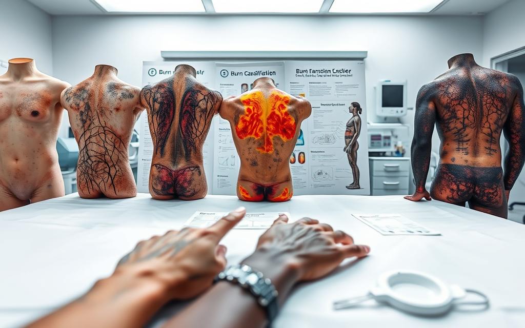 A Closeup View Of Various Burn Injury Cases, Showcased On A Sterile Medical Examination Table Under Bright, Diffused Studio Lighting. The Foreground Features A Range Of Burn Severity - From Minor First-Degree Burns To Severe Third-Degree Charred Skin. The Middle Ground Depicts Medical Diagrams And Charts Detailing Burn Classification, Treatment Protocols, And Potential Complications. The Background Has A Clean, Clinical Atmosphere With Subtle Medical Equipment And Supplies. The Overall Mood Is One Of Informative Professionalism, Conveying The Expertise Required To Handle Complex Burn Injury Cases. A Closeup View Of Various Burn Injury Cases, Showcased On A Sterile Medical Examination Table Under Bright, Diffused Studio Lighting. The Foreground Features A Range Of Burn Severity - From Minor First-Degree Burns To Severe Third-Degree Charred Skin. The Middle Ground Depicts Medical Diagrams And Charts Detailing Burn Classification, Treatment Protocols, And Potential Complications. The Background Has A Clean, Clinical Atmosphere With Subtle Medical Equipment And Supplies. The Overall Mood Is One Of Informative Professionalism, Conveying The Expertise Required To Handle Complex Burn Injury Cases.