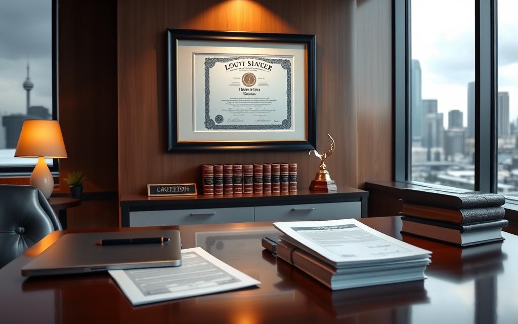 A Legal Office Interior, With A Houston Skyline Visible Through Large Windows. The Foreground Features A Mahogany Desk, A Laptop, And A Stack Of Legal Documents. Warm, Indirect Lighting Illuminates A Houston City License Or Credentials Prominently Displayed On The Wall, Framed In A Sleek, Modern Style. The Middle Ground Showcases Leather-Bound Law Books And A Trophy Or Award, Hinting At The Lawyer'S Expertise And Success. The Background Has A Subtle, Blurred Cityscape, Conveying A Sense Of Professionalism And Authority. The Overall Atmosphere Is One Of Sophistication, Competence, And Attention To Detail, Reflecting The &Quot;Best Rated Injury Lawyer&Quot; And Their Ability To Provide &Quot;Expert Legal Help.&Quot; A Legal Office Interior, With A Houston Skyline Visible Through Large Windows. The Foreground Features A Mahogany Desk, A Laptop, And A Stack Of Legal Documents. Warm, Indirect Lighting Illuminates A Houston City License Or Credentials Prominently Displayed On The Wall, Framed In A Sleek, Modern Style. The Middle Ground Showcases Leather-Bound Law Books And A Trophy Or Award, Hinting At The Lawyer'S Expertise And Success. The Background Has A Subtle, Blurred Cityscape, Conveying A Sense Of Professionalism And Authority. The Overall Atmosphere Is One Of Sophistication, Competence, And Attention To Detail, Reflecting The &Quot;Best Rated Injury Lawyer&Quot; And Their Ability To Provide &Quot;Expert Legal Help.&Quot;