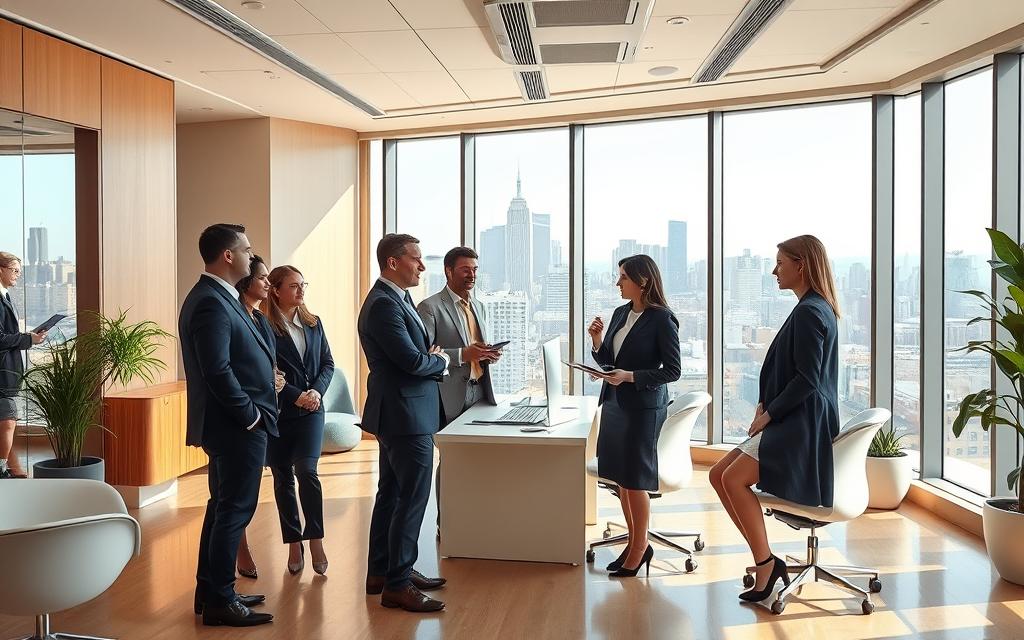 A Modern, Chic Boutique Law Firm Office With Clean Lines, Natural Lighting, And Warm Wood Accents. In The Foreground, A Team Of Dedicated Lawyers Engaged In An Animated Discussion, Their Expressions Serious Yet Determined. The Middle Ground Showcases Sleek, Ergonomic Furniture And A Well-Organized Workspace, Conveying A Sense Of Efficiency And Professionalism. In The Background, Large Windows Offer A Picturesque View Of A Bustling Urban Skyline, Hinting At The Firm'S Connection To The Community. The Overall Atmosphere Exudes An Air Of Expertise, Personalized Attention, And A Commitment To Providing Exceptional Legal Services. A Modern, Chic Boutique Law Firm Office With Clean Lines, Natural Lighting, And Warm Wood Accents. In The Foreground, A Team Of Dedicated Lawyers Engaged In An Animated Discussion, Their Expressions Serious Yet Determined. The Middle Ground Showcases Sleek, Ergonomic Furniture And A Well-Organized Workspace, Conveying A Sense Of Efficiency And Professionalism. In The Background, Large Windows Offer A Picturesque View Of A Bustling Urban Skyline, Hinting At The Firm'S Connection To The Community. The Overall Atmosphere Exudes An Air Of Expertise, Personalized Attention, And A Commitment To Providing Exceptional Legal Services.