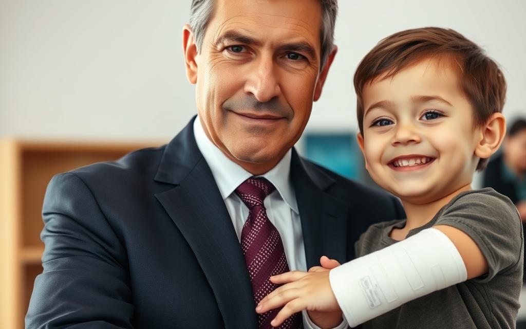 A Well-Lit, Close-Up Photograph Of A Serious, Experienced Personal Injury Lawyer, Dressed Professionally In A Suit, Standing Next To A Young Child With A Bandaged Arm, Conveying A Sense Of Care, Expertise, And Legal Advocacy. The Lawyer'S Face Expresses Empathy And Determination, While The Child'S Expression Communicates Trust And Relief. The Background Is Blurred, Placing The Focus On The Human Connection And The Lawyer'S Role In Securing The Best Outcome For The Child'S Injury Case. A Well-Lit, Close-Up Photograph Of A Serious, Experienced Personal Injury Lawyer, Dressed Professionally In A Suit, Standing Next To A Young Child With A Bandaged Arm, Conveying A Sense Of Care, Expertise, And Legal Advocacy. The Lawyer'S Face Expresses Empathy And Determination, While The Child'S Expression Communicates Trust And Relief. The Background Is Blurred, Placing The Focus On The Human Connection And The Lawyer'S Role In Securing The Best Outcome For The Child'S Injury Case.