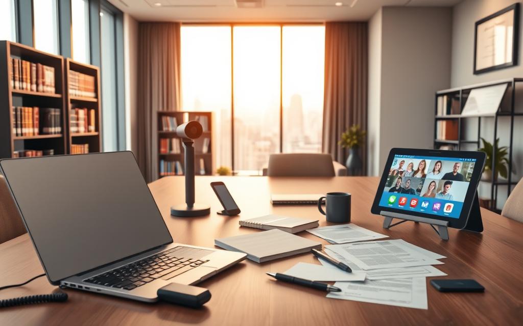 A Well-Lit Modern Office Space, With A Large Desk Showcasing A Range Of Communication Tools. In The Foreground, A Sleek Laptop, A Cordless Phone, And A Professional-Grade Webcam. On The Desk, Scattered Documents, A Stylish Pen Holder, And A Tablet Displaying Video Conferencing Software. In The Middle Ground, Bookcases Filled With Legal References And A Framed Diploma On The Wall, Conveying A Sense Of Expertise And Authority. The Background Features Large Windows Overlooking A Vibrant Cityscape, Bathed In Warm, Natural Lighting That Creates A Welcoming, Professional Atmosphere. A Well-Lit Modern Office Space, With A Large Desk Showcasing A Range Of Communication Tools. In The Foreground, A Sleek Laptop, A Cordless Phone, And A Professional-Grade Webcam. On The Desk, Scattered Documents, A Stylish Pen Holder, And A Tablet Displaying Video Conferencing Software. In The Middle Ground, Bookcases Filled With Legal References And A Framed Diploma On The Wall, Conveying A Sense Of Expertise And Authority. The Background Features Large Windows Overlooking A Vibrant Cityscape, Bathed In Warm, Natural Lighting That Creates A Welcoming, Professional Atmosphere.