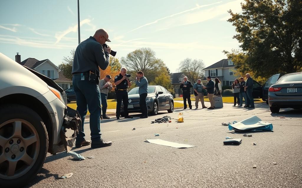 A Detailed On-Site Documentation Of A Car Accident Scene, Under A Bright, Natural Daylight Illumination. In The Foreground, A Careful Examination Of Vehicle Damage, Skid Marks, And Debris On The Asphalt Road. In The Middle Ground, Emergency Responders And Investigators Gathering Evidence, Photographing The Scene With Professional Cameras. In The Background, A Suburban Neighborhood With Well-Maintained Houses, Trees, And A Clear Sky With A Few Wispy Clouds. The Overall Mood Conveys A Sense Of Methodical Investigation, Precision, And The Gravity Of The Incident, Without Being Overly Dramatic Or Grim. A Detailed On-Site Documentation Of A Car Accident Scene, Under A Bright, Natural Daylight Illumination. In The Foreground, A Careful Examination Of Vehicle Damage, Skid Marks, And Debris On The Asphalt Road. In The Middle Ground, Emergency Responders And Investigators Gathering Evidence, Photographing The Scene With Professional Cameras. In The Background, A Suburban Neighborhood With Well-Maintained Houses, Trees, And A Clear Sky With A Few Wispy Clouds. The Overall Mood Conveys A Sense Of Methodical Investigation, Precision, And The Gravity Of The Incident, Without Being Overly Dramatic Or Grim.