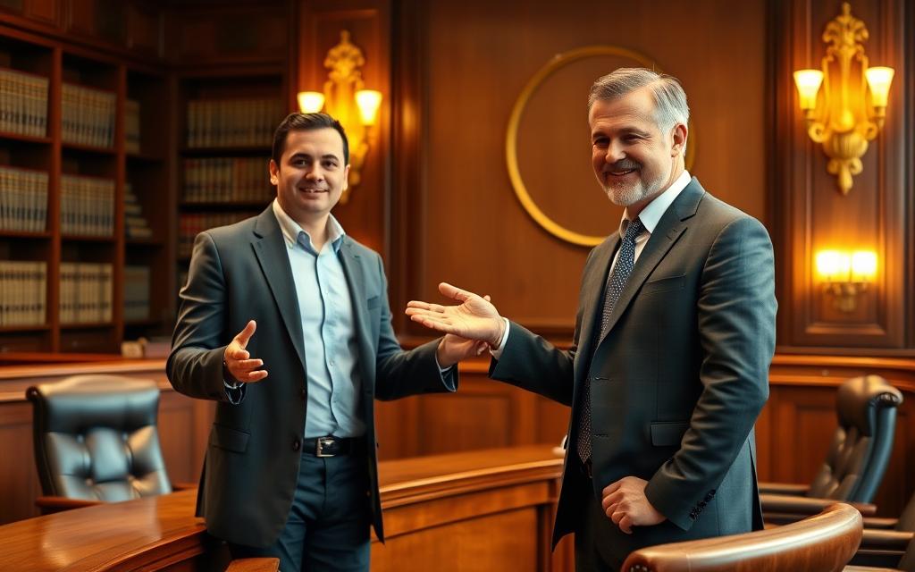 A Modern Courtroom Interior, With A Large Mahogany Desk And Plush Leather Chairs. In The Foreground, A Confident-Looking Lawyer In A Well-Tailored Suit, Gesturing Towards The Client - A Person In Casual Attire, Conveying A Sense Of Relief And Trust. Warm Lighting From Brass Sconces Casts A Golden Glow, Creating An Atmosphere Of Professionalism And Reassurance. The Background Features Bookshelves Filled With Legal Tomes, Hinting At The Lawyer'S Expertise. The Scene Evokes The Idea Of A &Quot;No Fees&Quot; Contingency Arrangement, Where The Client'S Best Interests Are Prioritized. A Modern Courtroom Interior, With A Large Mahogany Desk And Plush Leather Chairs. In The Foreground, A Confident-Looking Lawyer In A Well-Tailored Suit, Gesturing Towards The Client - A Person In Casual Attire, Conveying A Sense Of Relief And Trust. Warm Lighting From Brass Sconces Casts A Golden Glow, Creating An Atmosphere Of Professionalism And Reassurance. The Background Features Bookshelves Filled With Legal Tomes, Hinting At The Lawyer'S Expertise. The Scene Evokes The Idea Of A &Quot;No Fees&Quot; Contingency Arrangement, Where The Client'S Best Interests Are Prioritized.