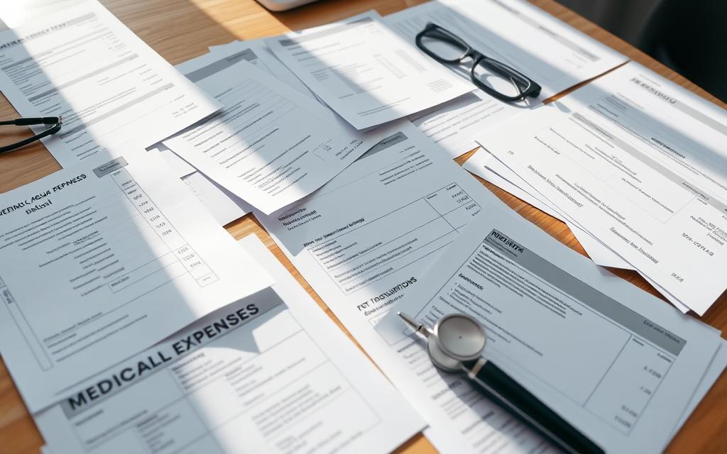 Detailed Medical Bills, Receipts, And Insurance Documents Neatly Arranged On A Wooden Desk. Bright, Natural Lighting Illuminates The Paperwork, Creating A Sense Of Organization And Professional Documentation. The Background Is Slightly Blurred, Keeping The Focus On The Medical Expenses Materials. The Layout Is Clean And Symmetrical, With Various Forms, Prescriptions, And Financial Statements Carefully Positioned. The Overall Mood Is One Of Diligence And Attention To Detail, Reflecting The Importance Of Accurately Recording One'S Medical Costs. Detailed Medical Bills, Receipts, And Insurance Documents Neatly Arranged On A Wooden Desk. Bright, Natural Lighting Illuminates The Paperwork, Creating A Sense Of Organization And Professional Documentation. The Background Is Slightly Blurred, Keeping The Focus On The Medical Expenses Materials. The Layout Is Clean And Symmetrical, With Various Forms, Prescriptions, And Financial Statements Carefully Positioned. The Overall Mood Is One Of Diligence And Attention To Detail, Reflecting The Importance Of Accurately Recording One'S Medical Costs.