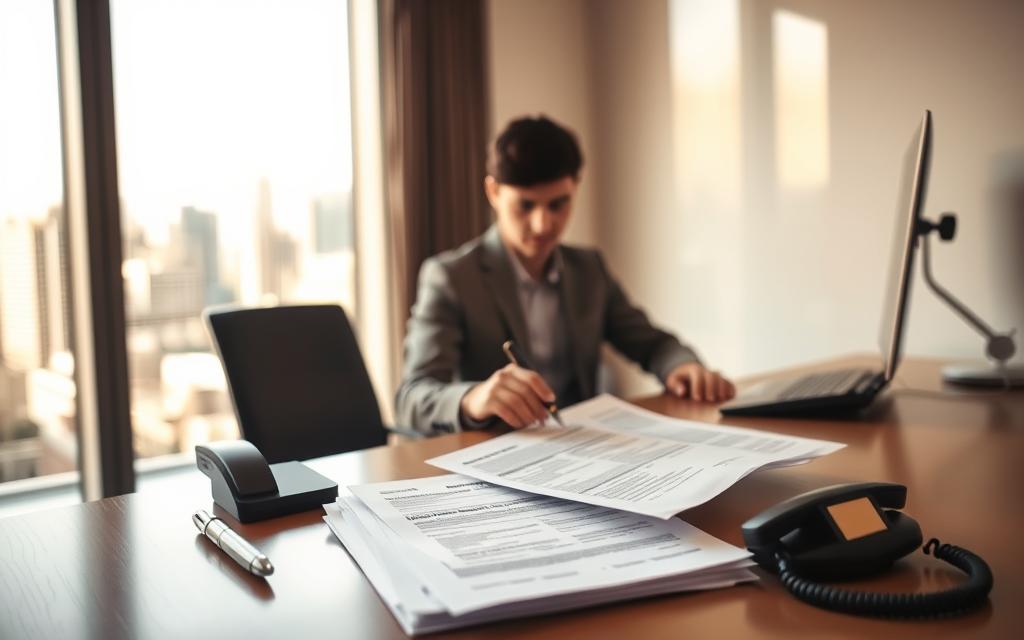 A Contemporary Office Setting With A Desk, Chair, And Computer. In The Foreground, A Person Sits At The Desk, Reviewing Documents And Filling Out A Form Labeled &Quot;Personal Injury Claim&Quot;. The Middle Ground Features A Stack Of Paperwork, A Pen, And A Phone, Conveying The Administrative Process. The Background Depicts A Window Overlooking A Bustling City Skyline, Suggesting The Professional Context. The Lighting Is Soft And Warm, Creating A Contemplative Atmosphere. The Scene Is Captured With A Shallow Depth Of Field, Focusing The Viewer'S Attention On The Central Figure And Their Task.