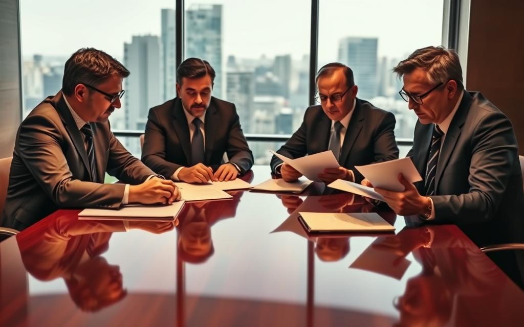 A Group Of Four Professional Lawyers Sitting Around A Polished Mahogany Conference Table, Engaged In An Intense Discussion. Warm, Indirect Lighting Illuminates Their Faces, Creating A Contemplative Atmosphere. The Lawyers Wear Crisp, Tailored Suits And Have A Pensive, Focused Expression As They Review Documents And Case Files. In The Background, A Large Window Overlooking A Cityscape Provides A Sense Of Context. The Scene Radiates An Air Of Collaboration, Expertise, And The Careful Consideration Of A Complex Legal Matter.