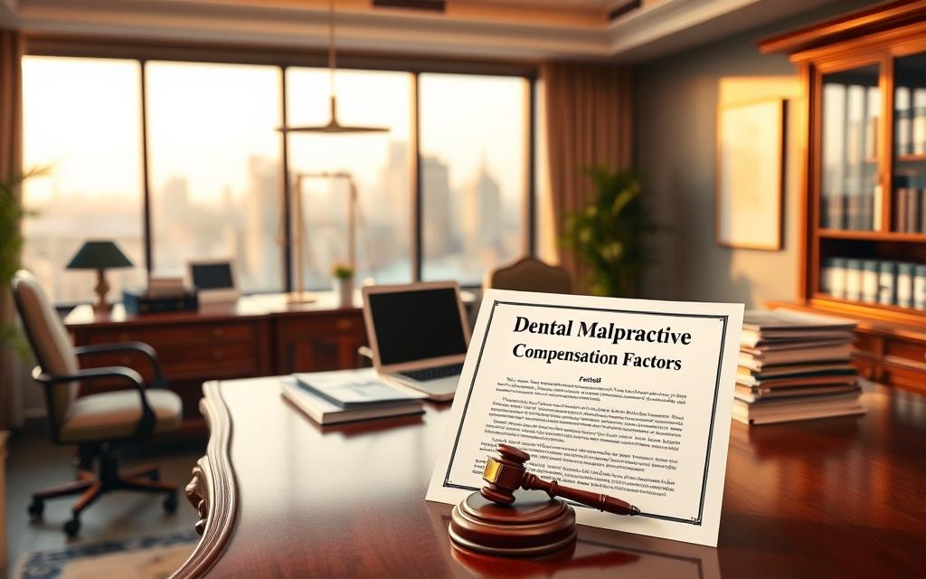 A Professional Dental Clinic Interior With An Ornate, Mahogany Desk In The Foreground. In The Middle Ground, A Legal Document With The Title &Quot;Dental Malpractice Compensation Factors&Quot; Is Prominently Displayed, Surrounded By Stacks Of Files And A Laptop. The Background Features A Large Window Overlooking A Cityscape, Bathed In Warm, Golden Lighting That Casts A Cozy, Authoritative Atmosphere. The Scene Conveys Expertise, Diligence, And The Careful Consideration Of Legal Matters Related To Dental Malpractice Compensation.