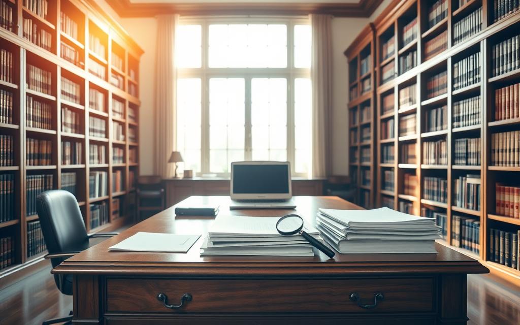A Well-Lit, Spacious Law Office With Floor-To-Ceiling Bookshelves Lining The Walls, Casting A Warm, Authoritative Glow. On A Large, Wooden Desk In The Center, A Stack Of Neatly Organized Legal Files, A Laptop, And A Magnifying Glass. The Room Exudes A Sense Of Professionalism And Attention To Detail, Conveying The Meticulous Care Taken In Building A Strong Legal Case. Soft Sunlight Streams In Through The Large Windows, Illuminating The Scene. A Sense Of Focus And Determination Permeates The Environment, Reflecting The Diligence Required To Construct A Robust Dental Malpractice Claim.
