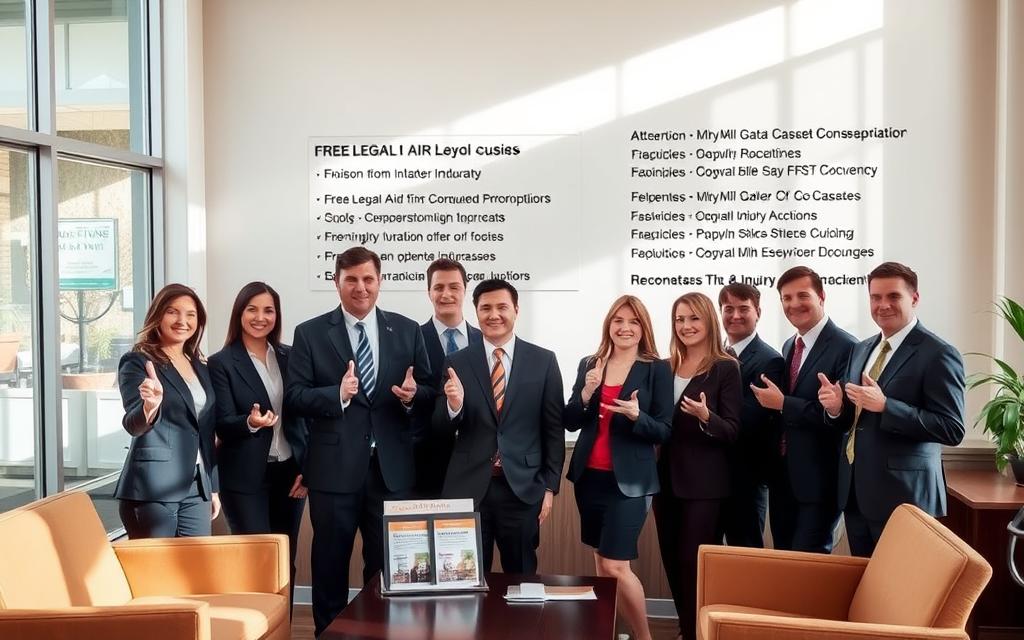 A Bustling Law Office With A Warm, Inviting Atmosphere. Sunlight Streams Through Large Windows, Illuminating A Reception Area With Comfortable Chairs And A Modern, Minimalist Design. In The Foreground, A Team Of Legal Professionals Dressed In Sharp Suits And Confident Expressions, Gesturing Towards Informative Brochures And Tablet Displays Showcasing Free Legal Aid Options For Personal Injury Cases. In The Background, A Wall-Mounted Display Lists The Various Services Offered, From Consultation To Representation, Creating An Air Of Expertise And Professionalism. The Overall Scene Conveys A Sense Of Trust, Accessibility, And A Commitment To Helping Those In Need Of Legal Assistance. A Bustling Law Office With A Warm, Inviting Atmosphere. Sunlight Streams Through Large Windows, Illuminating A Reception Area With Comfortable Chairs And A Modern, Minimalist Design. In The Foreground, A Team Of Legal Professionals Dressed In Sharp Suits And Confident Expressions, Gesturing Towards Informative Brochures And Tablet Displays Showcasing Free Legal Aid Options For Personal Injury Cases. In The Background, A Wall-Mounted Display Lists The Various Services Offered, From Consultation To Representation, Creating An Air Of Expertise And Professionalism. The Overall Scene Conveys A Sense Of Trust, Accessibility, And A Commitment To Helping Those In Need Of Legal Assistance.