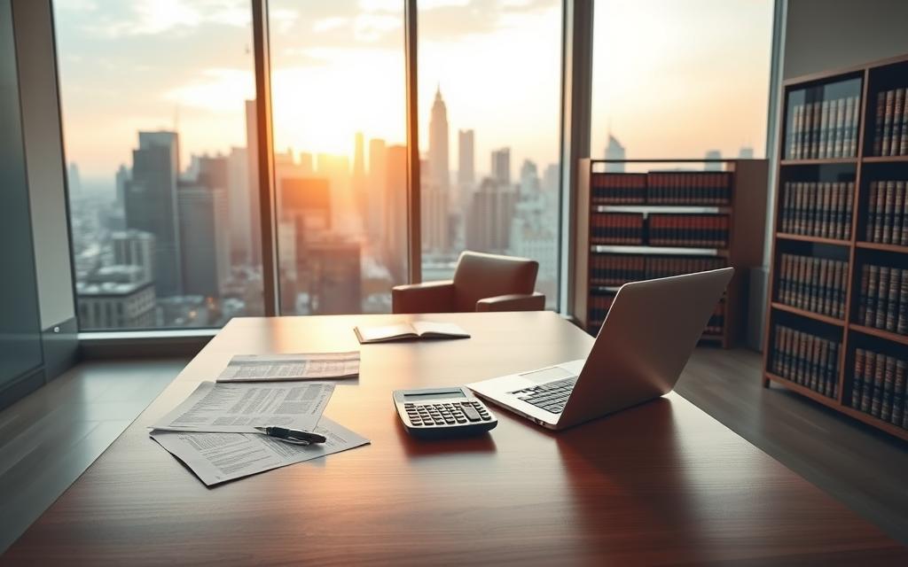 A Modern, Minimalist Law Office With Sleek And Sophisticated Decor. In The Foreground, A Wooden Desk With A Laptop, Pen, And Papers Arranged Neatly. Behind It, A Large Window Overlooking A Bustling City Skyline, Bathed In Warm, Golden-Hour Lighting. On The Desk, A Series Of Documents And A Calculator, Symbolizing The Complexities Of Legal Fees And Case Management. The Middle Ground Features A Leather Chair And A Bookshelf Filled With Legal Tomes, Conveying The Depth Of Knowledge Required To Navigate The Intricacies Of The Law. The Background Is A Neutral, Muted Color Palette, Allowing The Key Elements To Take Center Stage And Focus The Viewer'S Attention On The Core Subject Matter. A Modern, Minimalist Law Office With Sleek And Sophisticated Decor. In The Foreground, A Wooden Desk With A Laptop, Pen, And Papers Arranged Neatly. Behind It, A Large Window Overlooking A Bustling City Skyline, Bathed In Warm, Golden-Hour Lighting. On The Desk, A Series Of Documents And A Calculator, Symbolizing The Complexities Of Legal Fees And Case Management. The Middle Ground Features A Leather Chair And A Bookshelf Filled With Legal Tomes, Conveying The Depth Of Knowledge Required To Navigate The Intricacies Of The Law. The Background Is A Neutral, Muted Color Palette, Allowing The Key Elements To Take Center Stage And Focus The Viewer'S Attention On The Core Subject Matter.