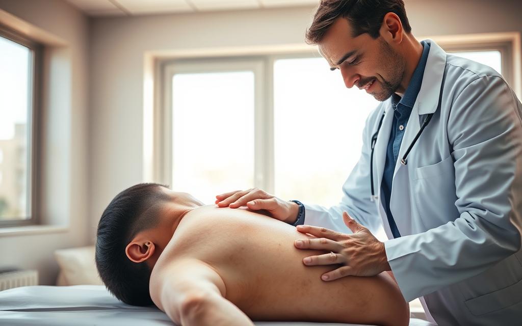 A Medical Examination Room With Bright, Natural Lighting Streaming Through Large Windows. On The Examination Table, A Person Is Lying Down, Their Neck And Upper Back Region Clearly Visible. The Skin Is Slightly Discolored, Indicating Signs Of Swelling Or Bruising. A Medical Professional, Dressed In A White Coat, Is Carefully Examining The Patient'S Neck, Their Hands Gently Palpating The Affected Area. The Expression On The Patient'S Face Conveys A Sense Of Discomfort, Yet Also An Air Of Trust In The Healthcare Provider. The Scene Is Rendered With A Sense Of Clinical Precision, Capturing The Delicate Nature Of The Medical Process Following A Neck Injury. A Medical Examination Room With Bright, Natural Lighting Streaming Through Large Windows. On The Examination Table, A Person Is Lying Down, Their Neck And Upper Back Region Clearly Visible. The Skin Is Slightly Discolored, Indicating Signs Of Swelling Or Bruising. A Medical Professional, Dressed In A White Coat, Is Carefully Examining The Patient'S Neck, Their Hands Gently Palpating The Affected Area. The Expression On The Patient'S Face Conveys A Sense Of Discomfort, Yet Also An Air Of Trust In The Healthcare Provider. The Scene Is Rendered With A Sense Of Clinical Precision, Capturing The Delicate Nature Of The Medical Process Following A Neck Injury.