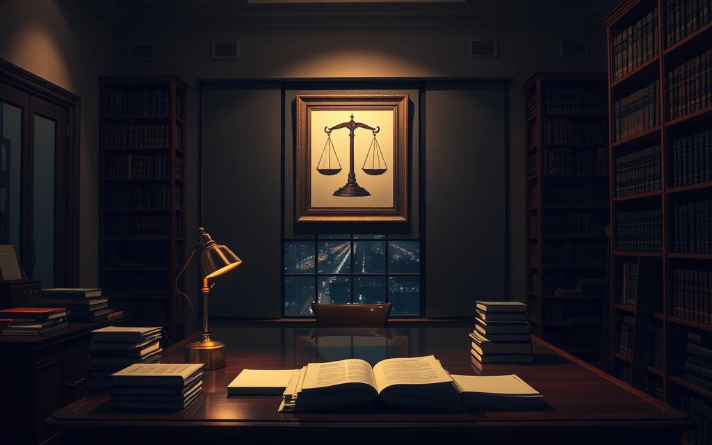 A Dimly Lit, High-Ceilinged Office Interior With A Large Wooden Desk In The Foreground. On The Desk, Stacks Of Legal Documents And A Brass Desk Lamp Casting Warm Light. Behind The Desk, A Towering Bookshelf Filled With Thick Law Volumes. In The Middle Ground, A Framed Illustration Depicting The Scales Of Justice Hangs On The Wall, Partially Obscured By Shadows. In The Background, A Window Overlooking A Nighttime Cityscape, Streetlights Glimmering In The Distance. The Atmosphere Is Somber, Contemplative, The Mood Reflecting The Weighty Legal Matters At Hand. A Dimly Lit, High-Ceilinged Office Interior With A Large Wooden Desk In The Foreground. On The Desk, Stacks Of Legal Documents And A Brass Desk Lamp Casting Warm Light. Behind The Desk, A Towering Bookshelf Filled With Thick Law Volumes. In The Middle Ground, A Framed Illustration Depicting The Scales Of Justice Hangs On The Wall, Partially Obscured By Shadows. In The Background, A Window Overlooking A Nighttime Cityscape, Streetlights Glimmering In The Distance. The Atmosphere Is Somber, Contemplative, The Mood Reflecting The Weighty Legal Matters At Hand.