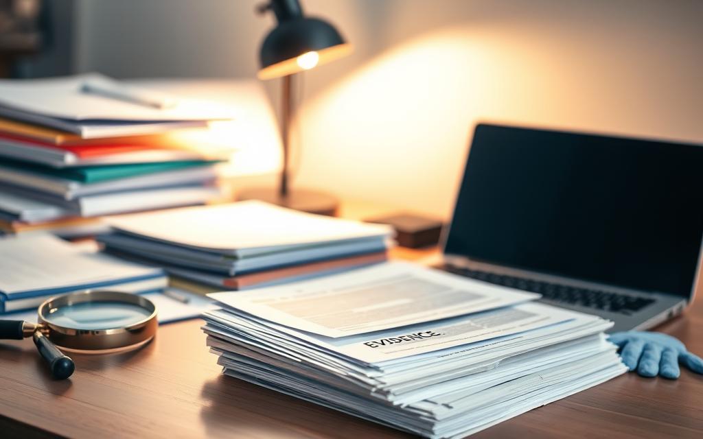 A Neatly Organized Desk With Various Legal Documents, Folders, And A Laptop. In The Foreground, A Stack Of Evidence Files, Marked With Tags And Labels, Sits Beside A Magnifying Glass And A Pair Of Gloves, Conveying The Meticulous Attention To Detail Required In A Workplace Injury Legal Case. The Middle Ground Features A Desk Lamp Casting A Warm, Focused Light On The Documents, Highlighting Their Importance. The Background Is Softly Blurred, Creating A Sense Of Professionalism And Purposefulness. The Overall Scene Exudes A Mood Of Determined Investigation, With The Lighting And Composition Guiding The Viewer'S Attention To The Critical Legal Evidence. A Neatly Organized Desk With Various Legal Documents, Folders, And A Laptop. In The Foreground, A Stack Of Evidence Files, Marked With Tags And Labels, Sits Beside A Magnifying Glass And A Pair Of Gloves, Conveying The Meticulous Attention To Detail Required In A Workplace Injury Legal Case. The Middle Ground Features A Desk Lamp Casting A Warm, Focused Light On The Documents, Highlighting Their Importance. The Background Is Softly Blurred, Creating A Sense Of Professionalism And Purposefulness. The Overall Scene Exudes A Mood Of Determined Investigation, With The Lighting And Composition Guiding The Viewer'S Attention To The Critical Legal Evidence.