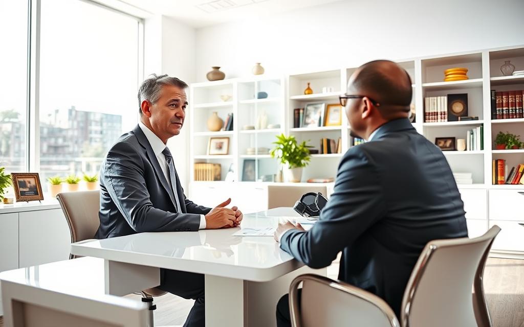 A Bright, Sun-Lit Office With Floor-To-Ceiling Windows. A Professional-Looking Man In A Suit Sitting Across A Modern, Minimalist Desk, Engaged In An Earnest Discussion With A Concerned-Looking Individual. The Background Is Filled With Bookshelves, Awards, And Tasteful Decor, Conveying An Atmosphere Of Expertise And Trust. High-Key Lighting Emphasizes The Seriousness Of The Consultation, While A Slightly Low Camera Angle Suggests The Authority And Guidance Of The Attorney. Overall, The Scene Exudes A Sense Of Professionalism, Empathy, And The Importance Of Seeking Legal Counsel For A Personal Injury Claim. A Bright, Sun-Lit Office With Floor-To-Ceiling Windows. A Professional-Looking Man In A Suit Sitting Across A Modern, Minimalist Desk, Engaged In An Earnest Discussion With A Concerned-Looking Individual. The Background Is Filled With Bookshelves, Awards, And Tasteful Decor, Conveying An Atmosphere Of Expertise And Trust. High-Key Lighting Emphasizes The Seriousness Of The Consultation, While A Slightly Low Camera Angle Suggests The Authority And Guidance Of The Attorney. Overall, The Scene Exudes A Sense Of Professionalism, Empathy, And The Importance Of Seeking Legal Counsel For A Personal Injury Claim.