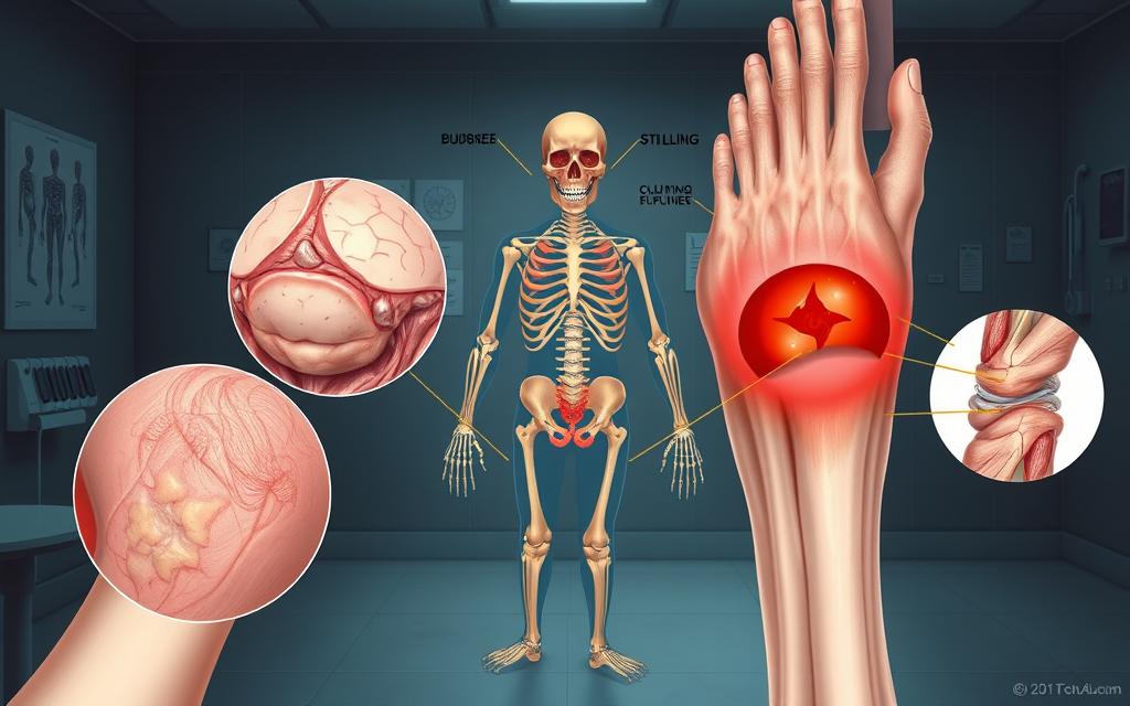 A Detailed Medical Illustration Showcasing The Various Stages And Symptoms Of Soft Tissue Injuries. Prominently Featured In The Foreground Are Close-Up, Annotated Views Of Common Tissue Damage Such As Bruising, Swelling, And Inflammation. The Middle Ground Depicts The Underlying Musculoskeletal Structures And How They Are Impacted By Different Types Of Injuries. The Background Provides A Sense Of Clinical Context, With A Moody, Dimly Lit Examination Room Setting Complemented By Subtle Medical Diagrams And Instrumentation. The Overall Composition Aims To Educate And Inform, Using A Visually Compelling Yet Scientific Approach To Illustrate The Recognition And Diagnosis Of Soft Tissue Trauma. A Detailed Medical Illustration Showcasing The Various Stages And Symptoms Of Soft Tissue Injuries. Prominently Featured In The Foreground Are Close-Up, Annotated Views Of Common Tissue Damage Such As Bruising, Swelling, And Inflammation. The Middle Ground Depicts The Underlying Musculoskeletal Structures And How They Are Impacted By Different Types Of Injuries. The Background Provides A Sense Of Clinical Context, With A Moody, Dimly Lit Examination Room Setting Complemented By Subtle Medical Diagrams And Instrumentation. The Overall Composition Aims To Educate And Inform, Using A Visually Compelling Yet Scientific Approach To Illustrate The Recognition And Diagnosis Of Soft Tissue Trauma.
