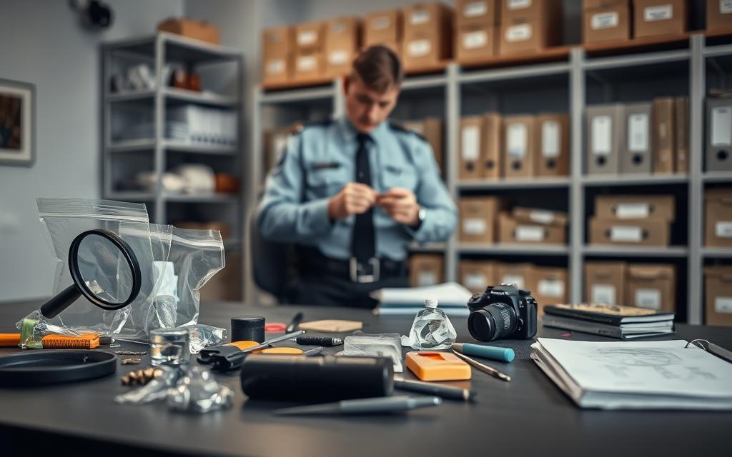 A Well-Lit Indoor Scene With A Desk And Chair In The Foreground, Showcasing Various Tools And Equipment Used For Evidence Collection: Magnifying Glass, Tweezers, Evidence Bags, A Camera, And A Notebook. In The Middle Ground, A Police Officer In Uniform Carefully Examining And Documenting A Piece Of Evidence. In The Background, Shelves Containing Labeled Storage Containers And Files, Hinting At The Methodical Process Of Building An Insurance Claim Case. The Atmosphere Is One Of Focused Professionalism, With Muted Colors And Clean, Organized Lines Conveying A Sense Of Attention To Detail And Thorough Investigation. A Well-Lit Indoor Scene With A Desk And Chair In The Foreground, Showcasing Various Tools And Equipment Used For Evidence Collection: Magnifying Glass, Tweezers, Evidence Bags, A Camera, And A Notebook. In The Middle Ground, A Police Officer In Uniform Carefully Examining And Documenting A Piece Of Evidence. In The Background, Shelves Containing Labeled Storage Containers And Files, Hinting At The Methodical Process Of Building An Insurance Claim Case. The Atmosphere Is One Of Focused Professionalism, With Muted Colors And Clean, Organized Lines Conveying A Sense Of Attention To Detail And Thorough Investigation.