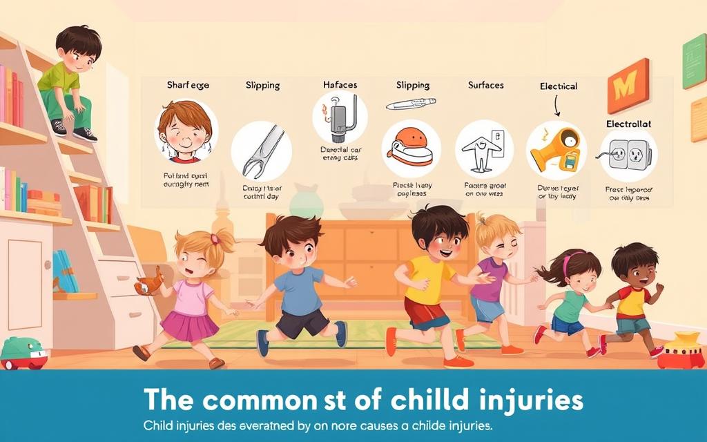 A Vibrant And Informative Illustration Depicting The Most Common Causes Of Child Injuries. In The Foreground, A Group Of Playful Children Engaged In Various Activities - Climbing, Running, And Exploring Their Environment. In The Middle Ground, Detailed Depictions Of Potential Hazards Such As Sharp Edges, Slippery Surfaces, And Electrical Outlets. The Background Showcases A Warm, Softly Lit Domestic Setting, Suggesting A Home Or School Environment. The Overall Composition Conveys A Sense Of Curiosity, Discovery, And The Need For Vigilant Supervision To Ensure Child Safety. Rendered In A Realistic, Yet Approachable Style To Educate And Inform The Viewer.