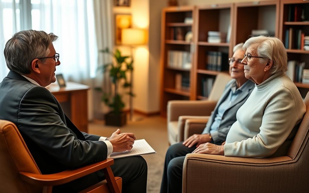 A Compassionate Attorney Providing Legal Guidance To Staff And Residents Of A Care Facility. Warm Lighting Illuminates A Softly-Lit Office Setting, With A Wooden Desk, Bookshelves, And Comfortable Armchairs. The Lawyer, Dressed In A Tailored Suit, Sits Across From A Worried-Looking Elderly Couple, Their Body Language Conveying Vulnerability And Trust. Gestures And Facial Expressions Suggest Empathy, Understanding, And A Commitment To Finding Solutions. The Overall Scene Evokes A Sense Of Care, Professionalism, And A Safe Haven For Those Seeking Help With Complex Legal Matters In A Sensitive, Nurturing Environment.