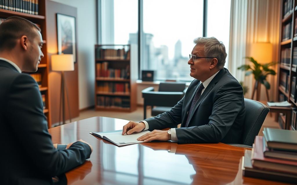 A Contemporary Law Office Interior With Warm, Soft Lighting And A Soothing, Professional Atmosphere. In The Foreground, A Middle-Aged Man In A Suit Sits At A Polished Wooden Desk, Engaged In Deep Discussion With A Younger Client. The Client'S Face Is Attentive, Conveying A Sense Of Trust And Confidence. Bookshelves Line The Walls, Hinting At The Depth Of Legal Knowledge Available. Through A Large Window, The Cityscape Outside Suggests The Broader Context Of The Legal Services Offered. The Scene Evokes A Sense Of Expertise, Reliability, And The Benefits Of Seeking Expert Legal Counsel.