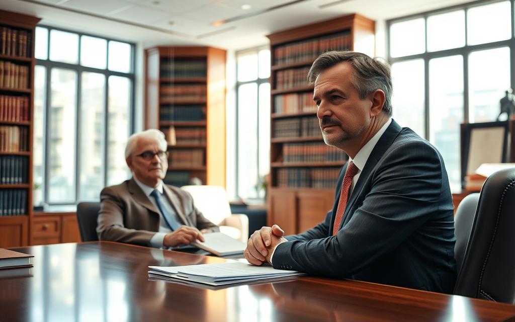 A Spacious And Professional-Looking Law Office Interior, With A Desk In The Foreground Where A Lawyer Sits, Dressed In A Sharp Suit, Consulting With An Elderly Client Seated Across From Them. Bright Natural Lighting Filters In Through Large Windows, Casting A Warm Glow Over The Scene. Bookshelves Line The Walls Behind The Desk, Conveying A Sense Of Expertise And Authority. The Lawyer'S Expression Is One Of Attentive Focus, While The Client Appears Thoughtful, Engaged In Discussion About Their Concerns. The Overall Atmosphere Is One Of Trust, Understanding, And The Careful Consideration Of Important Legal Matters.