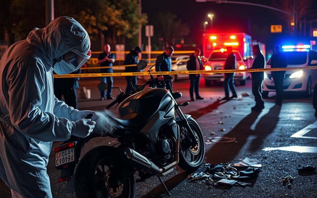 A Well-Lit Crime Scene Investigation With A Meticulous Evidence Collection Process. In The Foreground, A Forensic Specialist Carefully Dusts A Motorcycle For Fingerprints, Using Specialized Equipment. In The Middle Ground, A Team Of Investigators Meticulously Comb The Area, Documenting And Collecting Various Evidence, Such As Skid Marks, Broken Glass, And Personal Belongings. The Background Features The Damaged Motorcycle, Surrounded By Police Tape, With The Scene Illuminated By Floodlights And The Flashing Lights Of Emergency Vehicles. The Atmosphere Is Somber And Focused, Conveying The Gravity And Importance Of The Investigation. A Well-Lit Crime Scene Investigation With A Meticulous Evidence Collection Process. In The Foreground, A Forensic Specialist Carefully Dusts A Motorcycle For Fingerprints, Using Specialized Equipment. In The Middle Ground, A Team Of Investigators Meticulously Comb The Area, Documenting And Collecting Various Evidence, Such As Skid Marks, Broken Glass, And Personal Belongings. The Background Features The Damaged Motorcycle, Surrounded By Police Tape, With The Scene Illuminated By Floodlights And The Flashing Lights Of Emergency Vehicles. The Atmosphere Is Somber And Focused, Conveying The Gravity And Importance Of The Investigation.