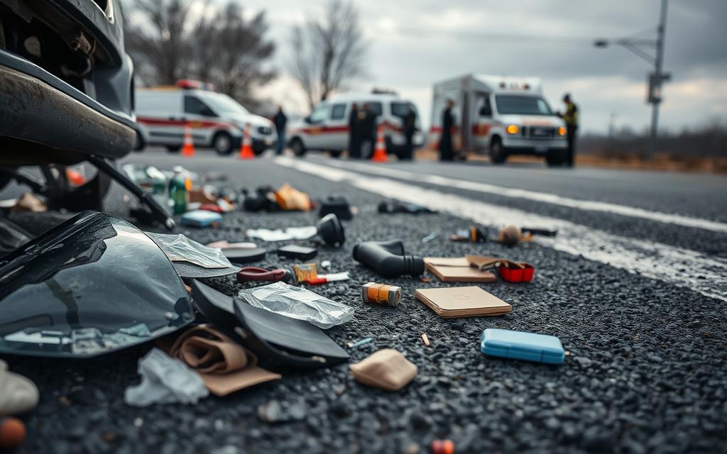 A Well-Lit, High-Resolution Crime Scene Photograph Documenting Accident Evidence, Captured With A Professional-Grade Dslr Camera. The Foreground Shows A Close-Up Of Various Automotive Components - Shattered Glass, Twisted Metal, Skid Marks, And Personal Belongings Scattered Across The Asphalt. The Middle Ground Reveals The Overall Accident Site, With Emergency Vehicles And Investigators Methodically Surveying The Area. In The Background, A Somber, Overcast Sky Sets A Serious, Investigative Tone. The Scene Is Captured With A Shallow Depth Of Field, Drawing The Viewer'S Attention To The Key Details Of The Evidence Gathered At The Site.