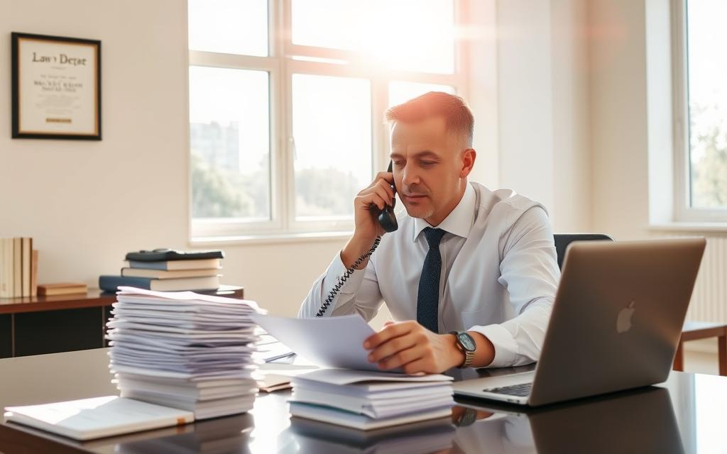 A Well-Lit Office Setting, A Legal Professional Sitting At A Desk, Intently Reviewing Documents And Negotiating On A Telephone. Sunlight Streams Through Large Windows, Casting A Warm, Focused Atmosphere. Stacks Of Papers, A Laptop, And A Pen-And-Paper Note-Taking Setup Suggest The Methodical Process Of Maximizing A Settlement Offer. The Individual'S Expression Conveys A Sense Of Concentration And Determination, Underscoring The Importance Of This Task. Subtle Details Like A Law Degree Framed On The Wall And A Briefcase Nearby Reinforce The Context Of A Legal Negotiation.