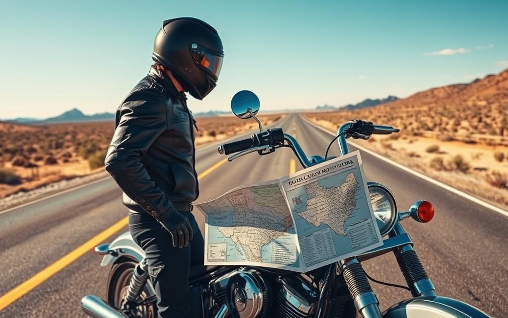A Wide, Expansive Texas Highway Stretches Out, Its Asphalt Ribboning Through A Landscape Of Rolling Hills, Cacti, And A Cloudless Azure Sky. In The Foreground, A Sleek, Powerful Motorcycle Sits Idle, Its Chrome Fittings Glinting In The Warm Sunlight. The Rider, Clad In A Leather Jacket And Helmet, Stands Beside The Bike, Studying A Detailed Map Of Local Motorcycle Laws And Regulations. The Scene Conveys A Sense Of Freedom, Adventure, And The Need To Navigate The Specific Legal Requirements For Riding In This Region. A Cinematic, Wide-Angle Lens Captures The Scene, With Dramatic, Directional Lighting Illuminating The Key Elements.