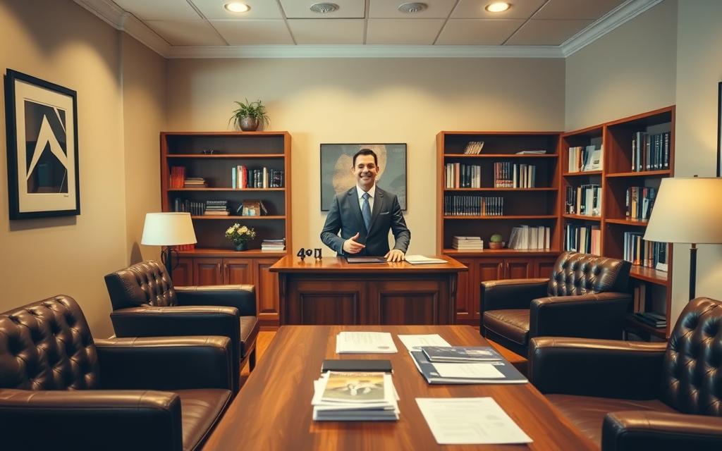Warm And Inviting Consultation Room With Soft Lighting, Plush Leather Chairs, And Bookshelves Lining The Walls. A Friendly Attorney Stands Behind A Wooden Desk, Gesturing Towards Informative Brochures And Documents. The Room Exudes A Sense Of Professionalism And Trustworthiness, Conveying The Benefits Of Expert Legal Guidance And A Free Consultation. The Scene Is Captured In A Wide, Cinematic Angle, Emphasizing The Approachability And Accessibility Of The Legal Services On Offer.