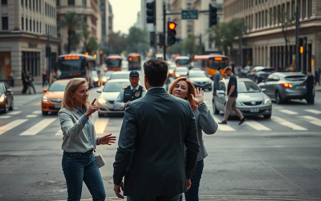 A Busy City Street Intersection, With Vehicles, Pedestrians, And A Traffic Light. In The Foreground, Two People Are Gesturing Animatedly, Seemingly Engaged In A Dispute. One Person Is Pointing To The Ground, While The Other Raises Their Hands In A Defensive Posture. The Middle Ground Features A Police Officer Examining The Scene, Taking Notes. In The Background, A Mix Of Cars, Buses, And Pedestrians Move Through The Intersection, Creating A Sense Of Chaos And Activity. Soft, Diffuse Lighting Illuminates The Scene, Casting Long Shadows And Creating A Sense Of Depth And Drama. The Overall Mood Is One Of Tension And Uncertainty, Reflecting The Complex Nature Of Comparative Negligence In Pedestrian Accidents.