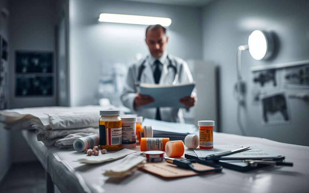 A Medical Examination Room With Stark Lighting And An Examination Table In The Foreground. On The Table, Various Medical Instruments And Documents Representing A Patient'S Physical And Emotional Injuries - Bandages, X-Rays, Prescription Bottles, And Case Files. The Middle Ground Features A Somber, Thoughtful Doctor Reviewing The Patient'S Records, Conveying The Gravity Of The Situation. The Background Is Blurred, Emphasizing The Focus On The Central Elements. The Overall Mood Is One Of Professional Care And Concern, With A Sense Of The Significant Impact Of The Patient'S Suffering. A Medical Examination Room With Stark Lighting And An Examination Table In The Foreground. On The Table, Various Medical Instruments And Documents Representing A Patient'S Physical And Emotional Injuries - Bandages, X-Rays, Prescription Bottles, And Case Files. The Middle Ground Features A Somber, Thoughtful Doctor Reviewing The Patient'S Records, Conveying The Gravity Of The Situation. The Background Is Blurred, Emphasizing The Focus On The Central Elements. The Overall Mood Is One Of Professional Care And Concern, With A Sense Of The Significant Impact Of The Patient'S Suffering.