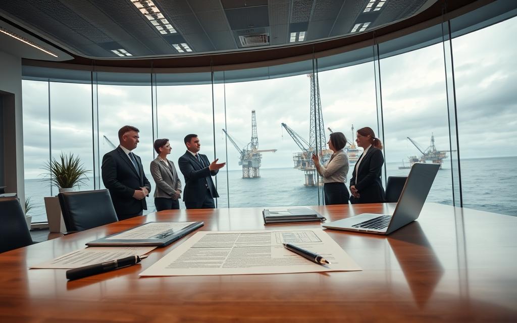 A Modern, High-Tech Office Interior, With A Large Desk In The Foreground. On The Desk, There Are Various Legal Documents, A Laptop, And A Pen. In The Middle Ground, A Team Of Lawyers And Legal Assistants Are Discussing A Case, Gesturing Towards The Desk And Documents. In The Background, A Panoramic Window Overlooking A Bustling Offshore Oil Rig, With Cranes And Platforms Visible Against A Cloudy Sky. The Lighting Is Bright And Professional, With A Mix Of Natural And Artificial Illumination. The Overall Atmosphere Conveys A Sense Of Diligence, Expertise, And The Complexity Of Navigating The Legal Process For Offshore Accident Claims.