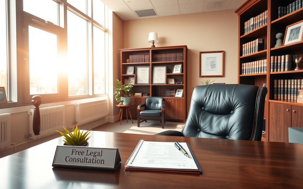 A Serene And Professional Law Office Interior, Flooded With Natural Light Streaming Through Large Windows. In The Foreground, A Wooden Desk With A Nameplate &Quot;Free Legal Consultation&Quot; And An Inviting Leather Chair Facing The Viewer. On The Desk, A Legal Pad, Pen, And A Potted Plant. The Middle Ground Features Tasteful Bookshelves Lining The Walls, With Framed Legal Certificates And Awards Adding An Air Of Expertise. The Background Showcases A Warm, Neutral Color Palette, With Subtle Artwork And Minimalist Decor, Creating A Calming, Trustworthy Atmosphere.