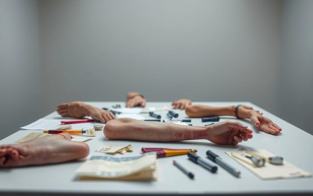 A Well-Lit Examination Table With A Collection Of Meticulously Documented Physical Evidence Against A Somber, Neutral Background. Close-Up Shots Showcase Bruises, Lacerations, And Other Visible Injuries, Captured Through High-Resolution Photography With A Shallow Depth Of Field. The Scene Conveys A Sense Of Forensic Investigation, With A Clinical Yet Empathetic Tone That Underscores The Gravity Of The Subject Matter. A Well-Lit Examination Table With A Collection Of Meticulously Documented Physical Evidence Against A Somber, Neutral Background. Close-Up Shots Showcase Bruises, Lacerations, And Other Visible Injuries, Captured Through High-Resolution Photography With A Shallow Depth Of Field. The Scene Conveys A Sense Of Forensic Investigation, With A Clinical Yet Empathetic Tone That Underscores The Gravity Of The Subject Matter.