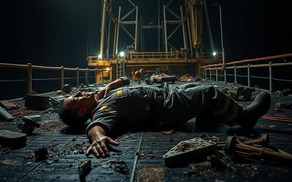 A Worker Lying Unconscious On The Offshore Oil Rig Deck, Surrounded By Debris And Scattered Equipment. Dramatic Lighting Casts Deep Shadows, Conveying The Somber, High-Stakes Atmosphere. The Figure'S Twisted Limbs And Pained Expression Suggest The Severity Of The Accident'S Impact. In The Background, The Rig'S Towering Metal Structure Dominates The Frame, Underscoring The Hazardous, Industrial Nature Of The Offshore Environment. Realistic Rendering With A Cinematic, Documentary-Style Visual Treatment.